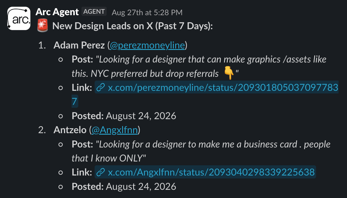 Slack message from Arc Agent listing new design leads found on X, with each prospect's request, profile, source link, and post date.